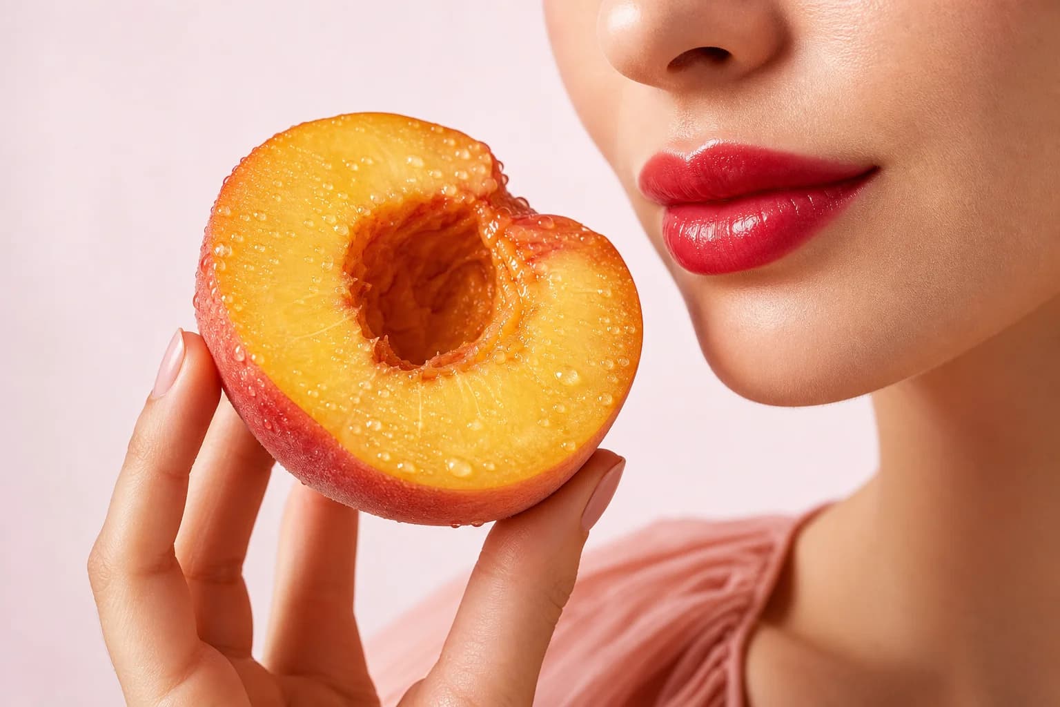 Glossy red lips beside a pitted peach glistening with fresh juice, held against a blush-pink backdrop.